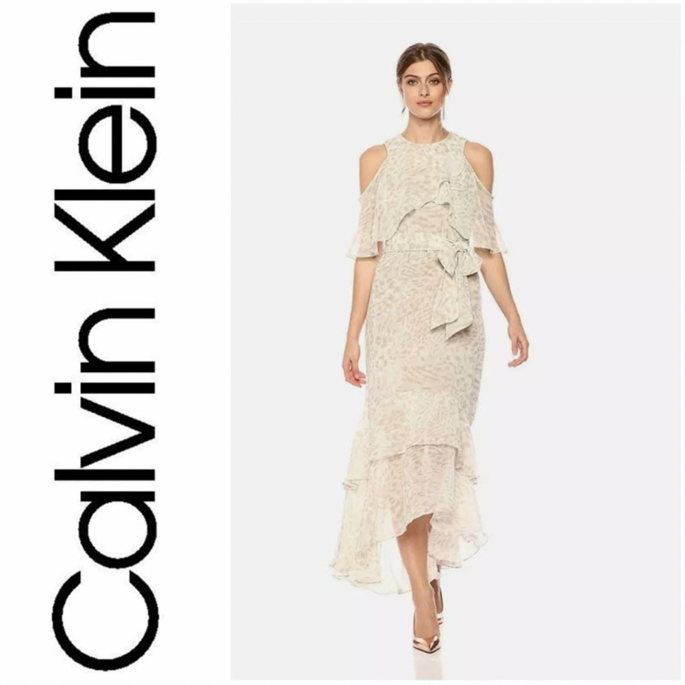 Calvin Klein Cream Floral Cold-Shoulder Maxi Dress